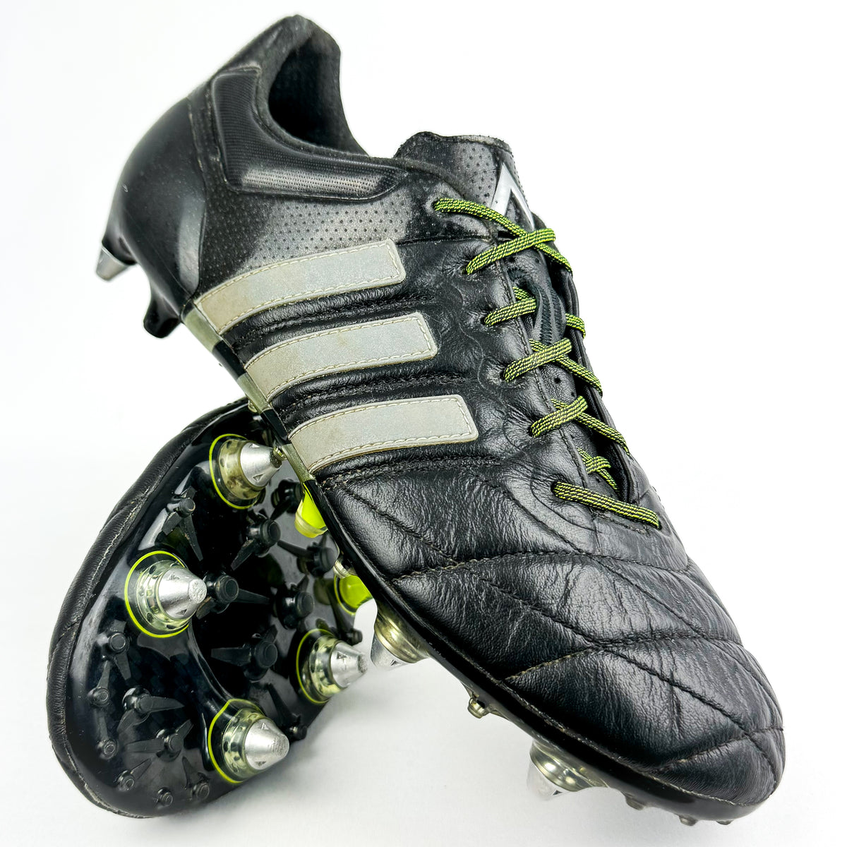 Adidas Ace 15.1 Leather SG Black Silver Metallic Solar Yellow Wore PM Boots