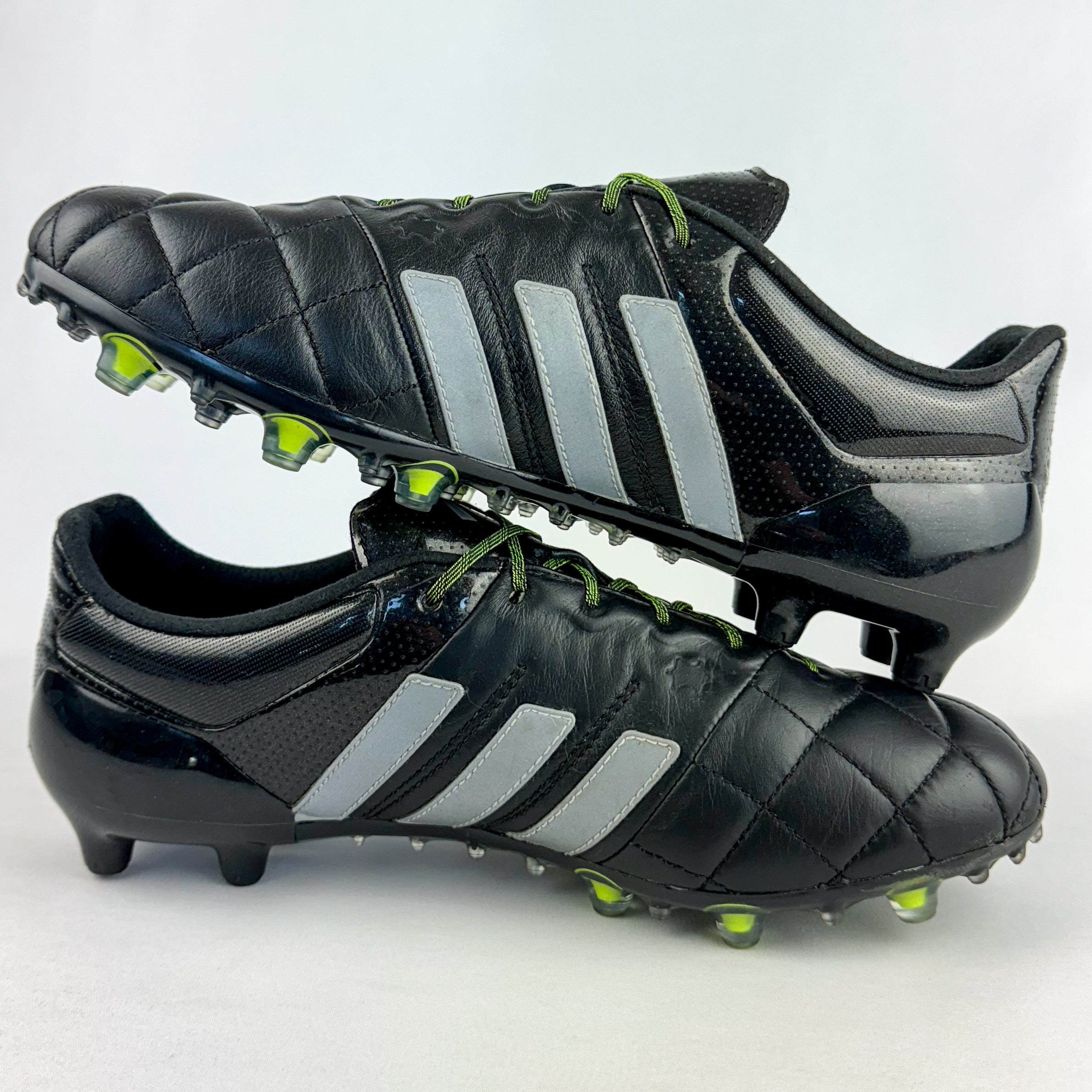 Adidas Ace 15.1 Leather FG Black Silver Metallic Solar Yellow Wore PM Boots