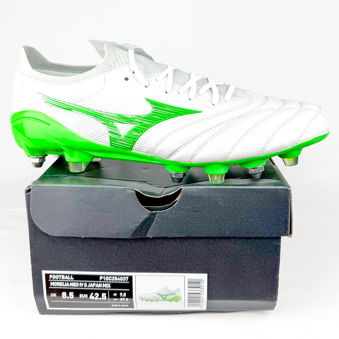 Mizuno Morelia Neo IV Beta Elite SG - Made in Japan - White/Neon Green/Cool Grey *In Box*