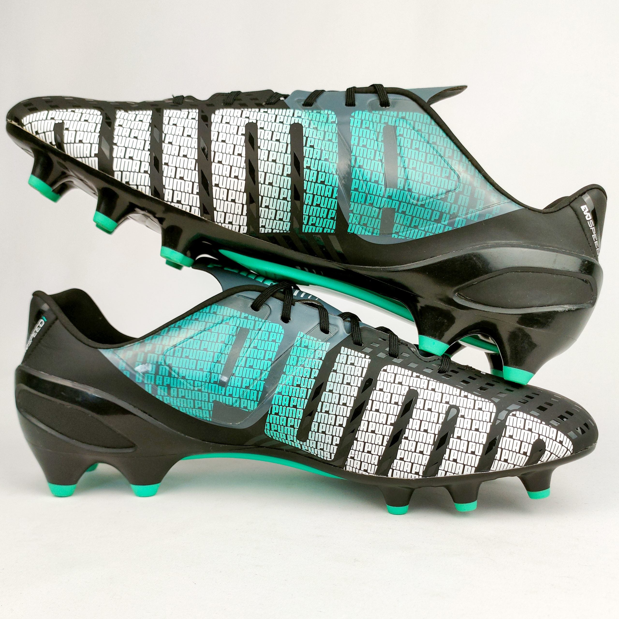 Puma evoSPEED 1.3 FG Black White Pool Green Turbulence As New PM Boots